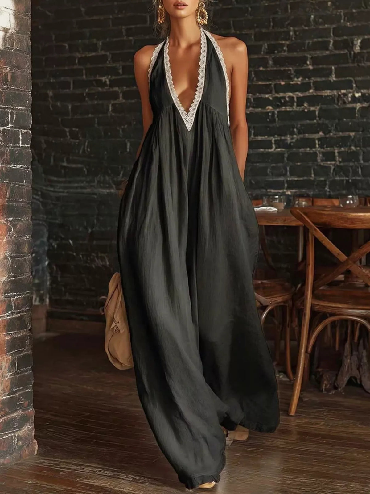 Lace trim jumpsuit wine red color
