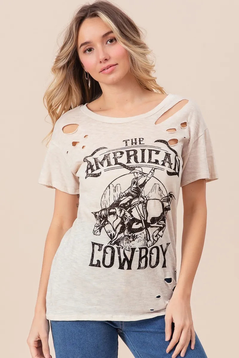 Cowboy graphic womens top side view