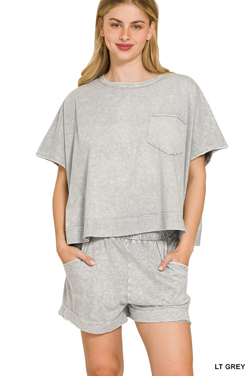 Snow washed boxy top and shorts two piece set front view