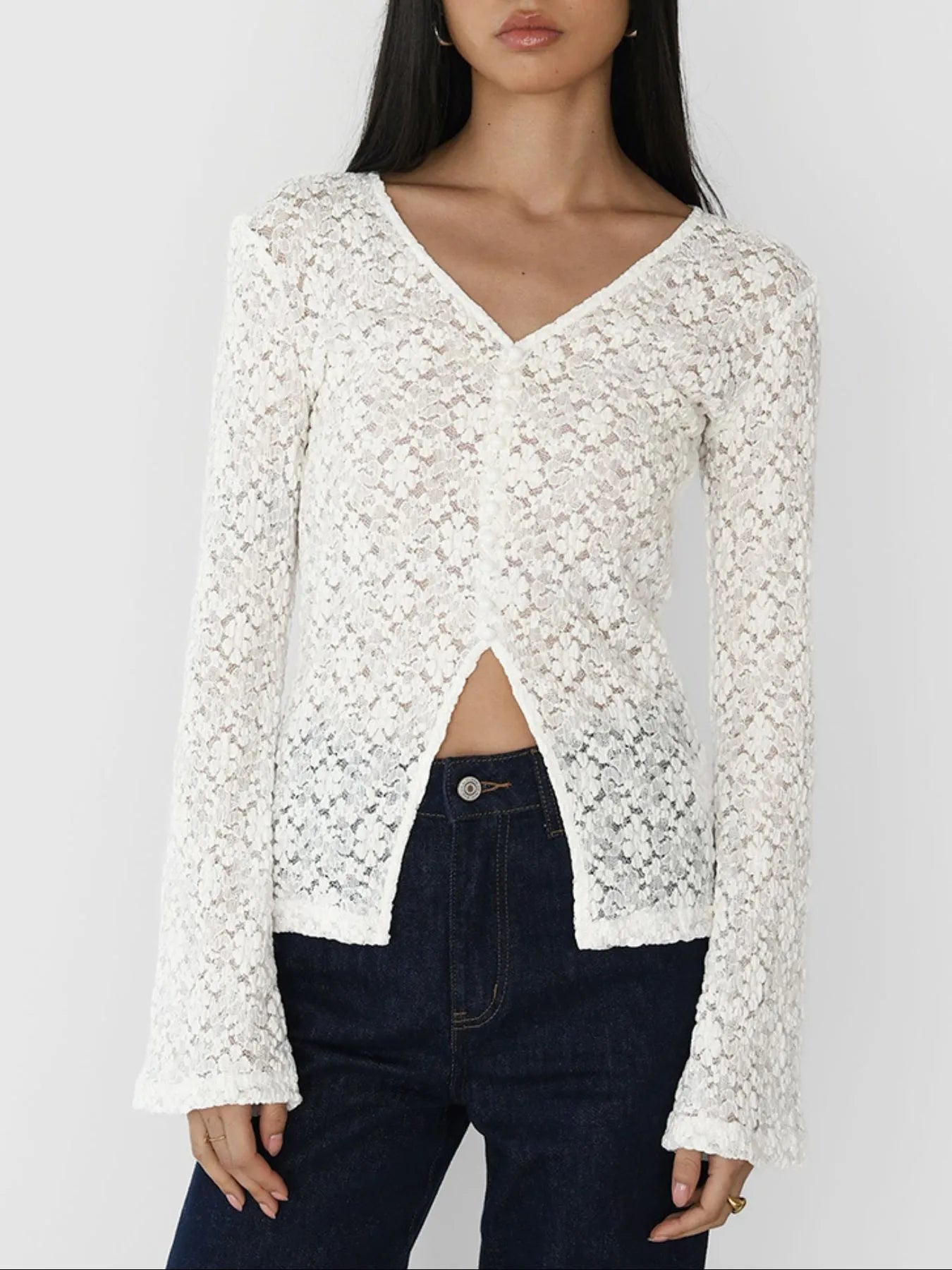 Lace V-Neck Flare Sleeve T-Shirt - Fashorio