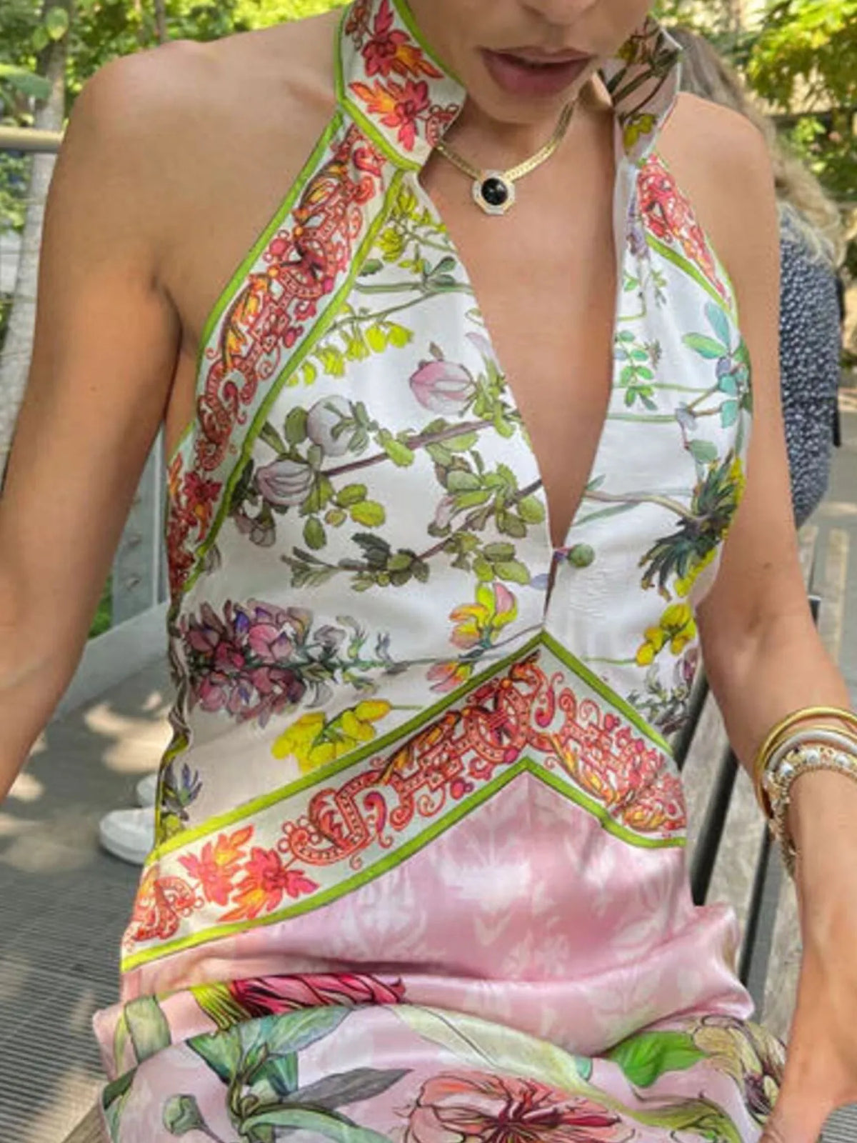 Printed Halter Backless Maxi Dress back view