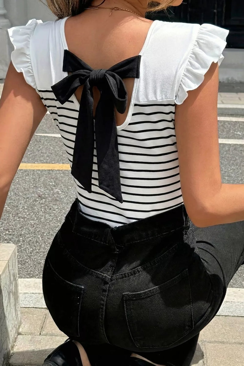 Striped knot back ruffle trim tank top in white, front view