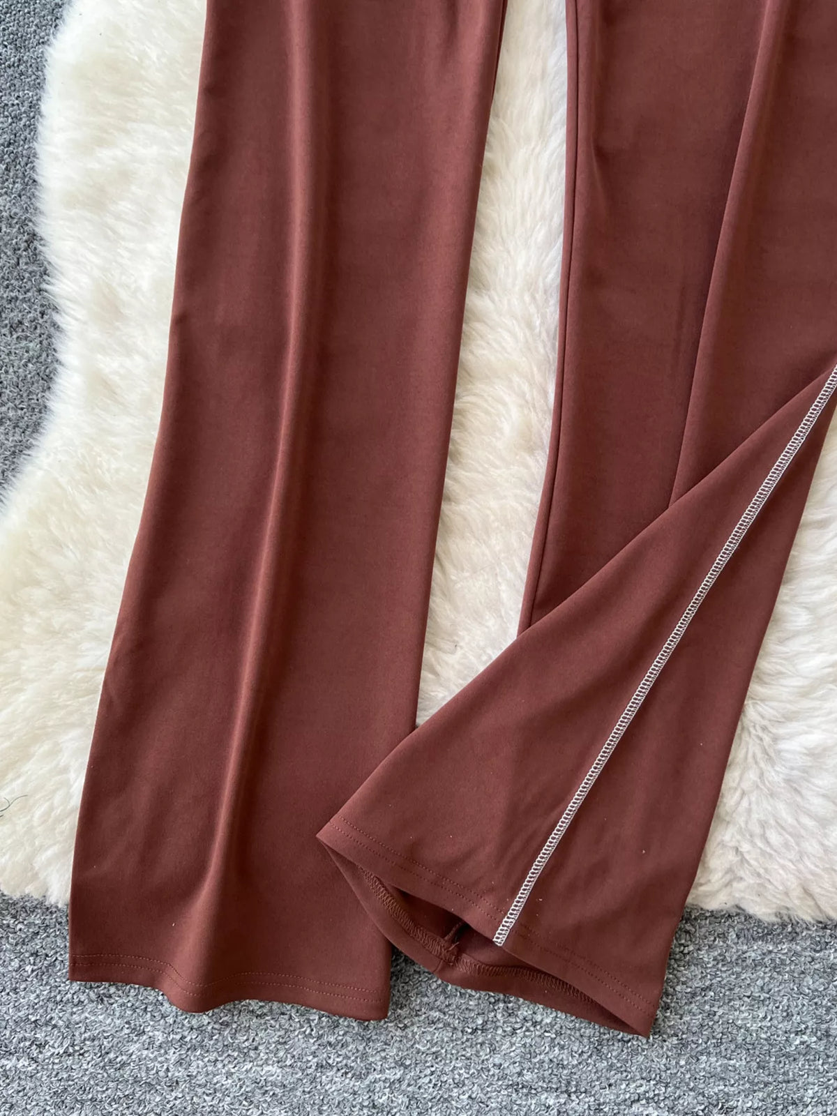 Dark brown wide leg tie waist pants, side view