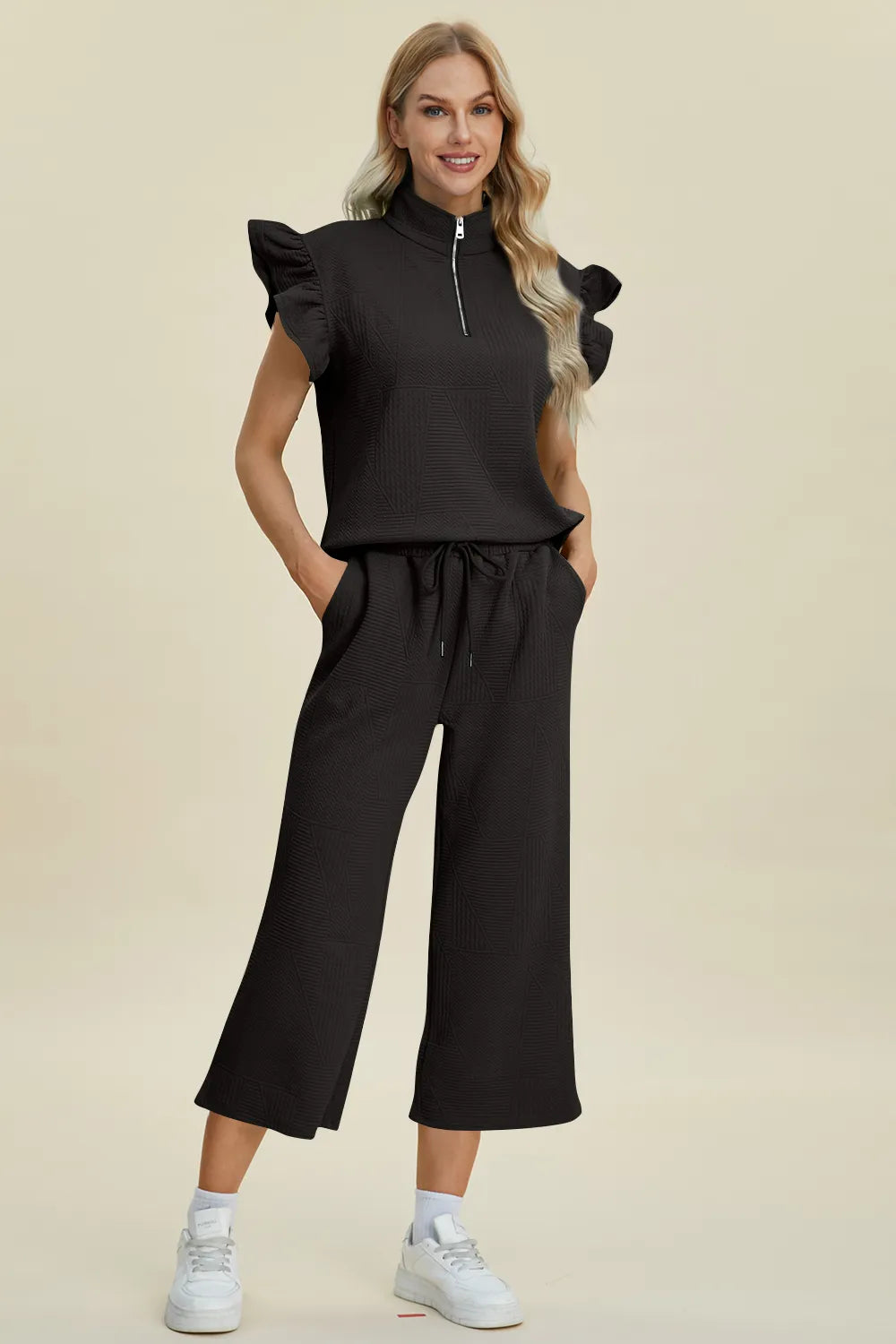 Double Take Full Size Texture Ruffle Short Sleeve Top and Wide Leg Pants Set Black - Fashorio