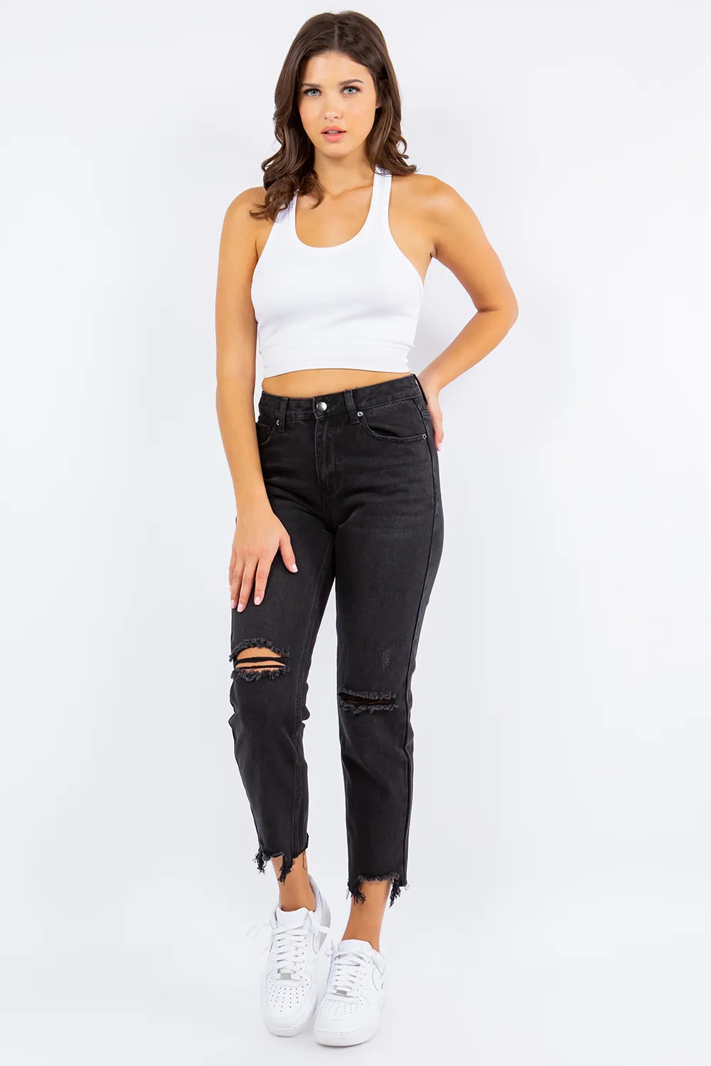 American Bazi High Waist Distressed Cropped Straight Jeans - Fashorio