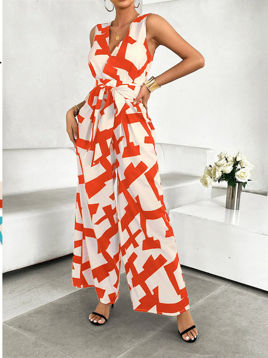 Printed Wide Leg Jumpsuit Orange - Fashorio