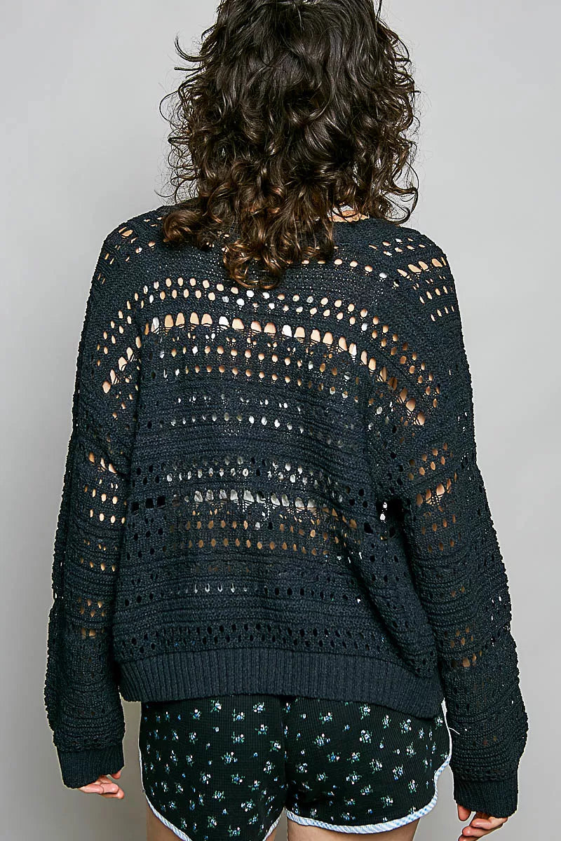 Open knit floral button cardigan open layered look