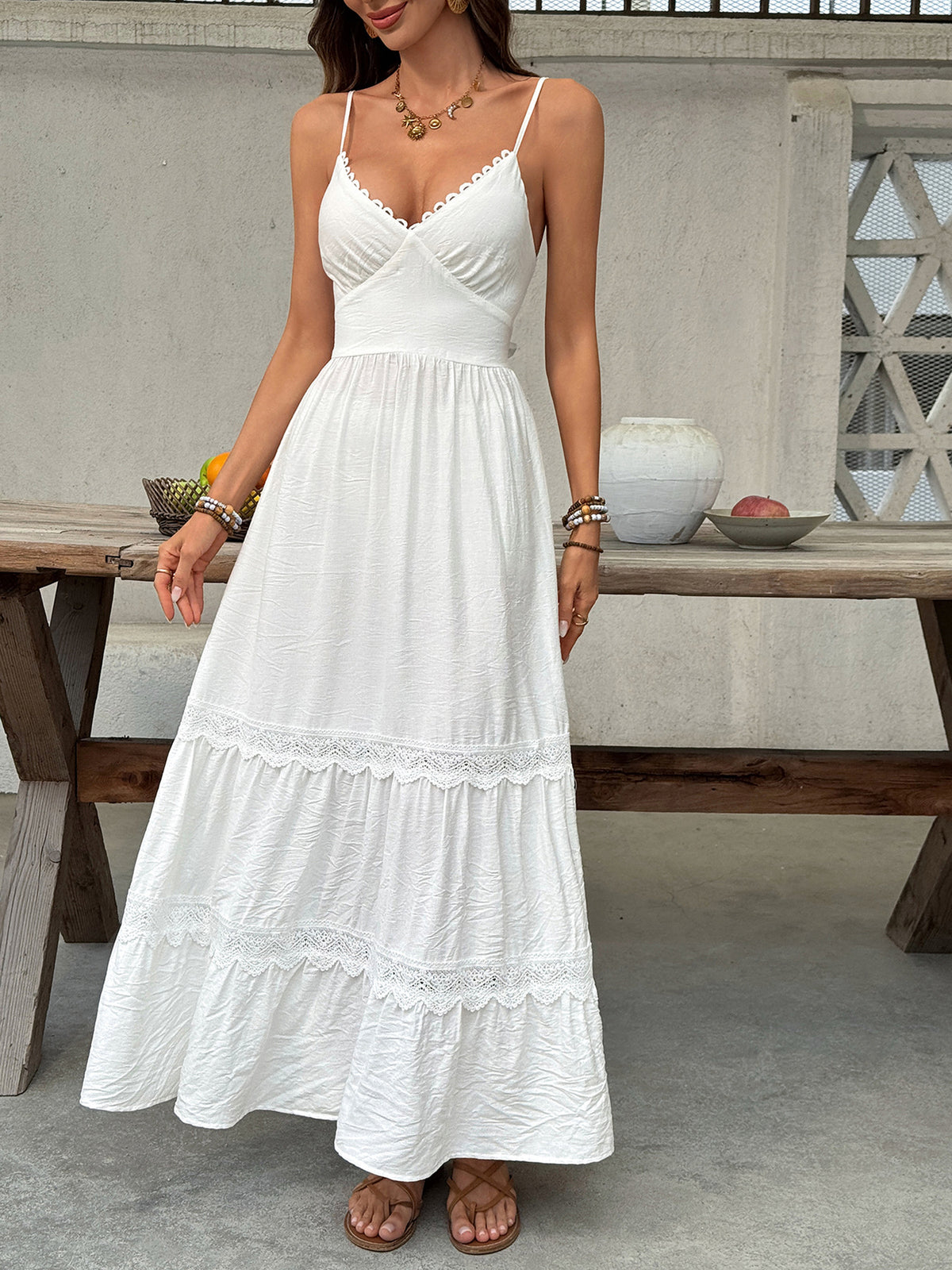 gray and white lace detail v neck tiered maxi dress side view