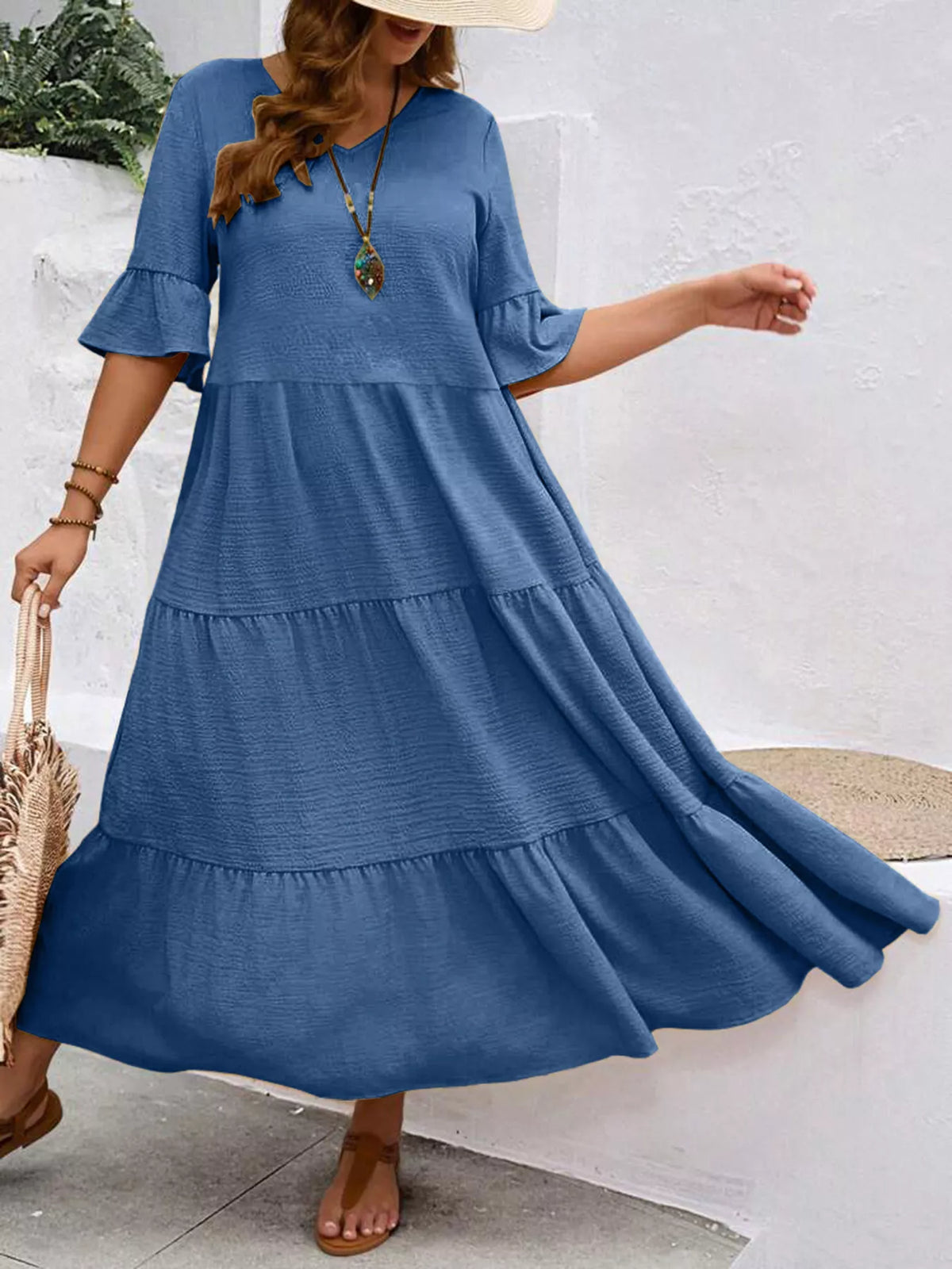 Plus Size Ruffle Sleeve Tiered Midi Dress, view 14