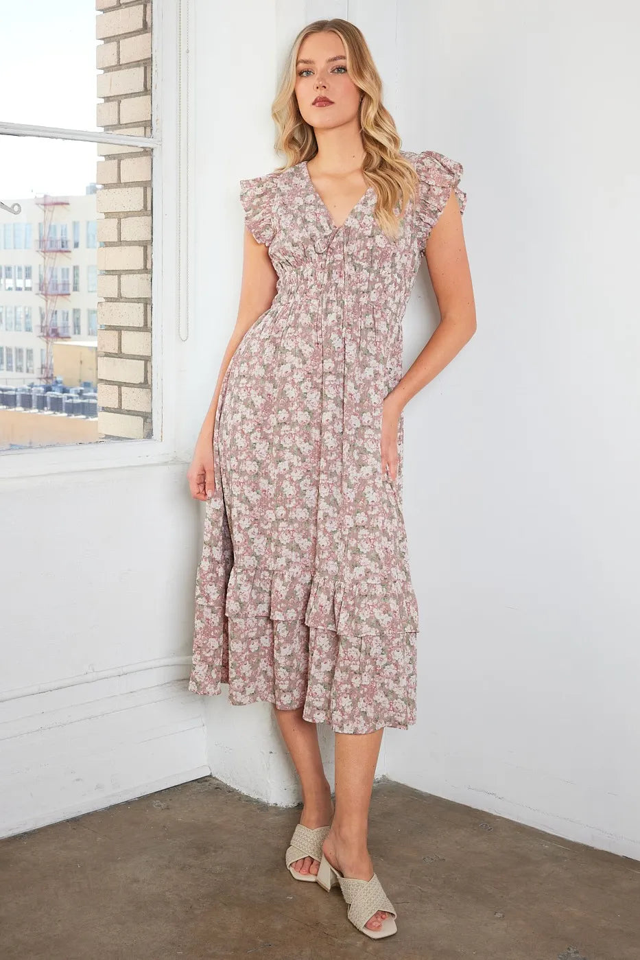 Flower Print Ruffle Cap Sleeve V neck Midi Dress side view