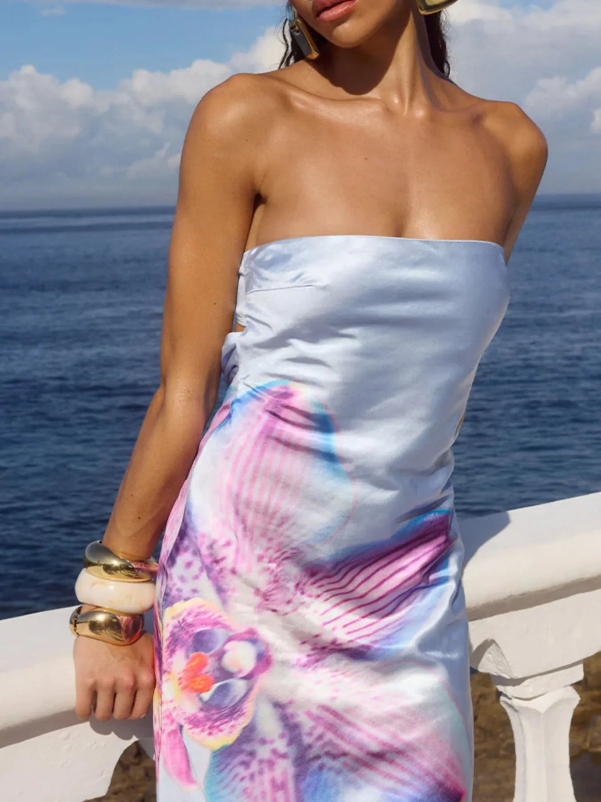 Printed strapless tube maxi dress styled look