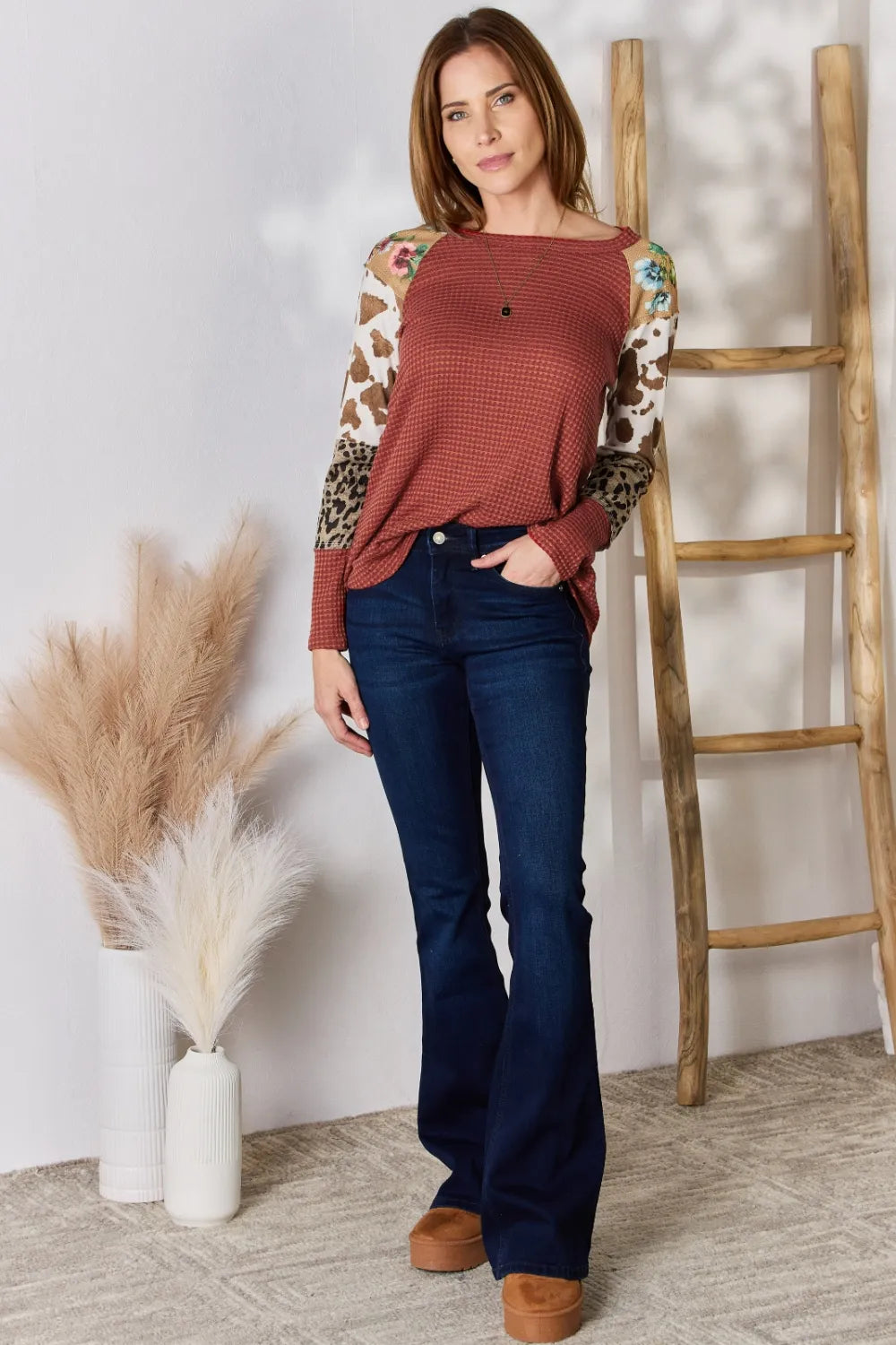 Hailey & Co Full Size Leopard Waffle-Knit Blouse - Fashorio
