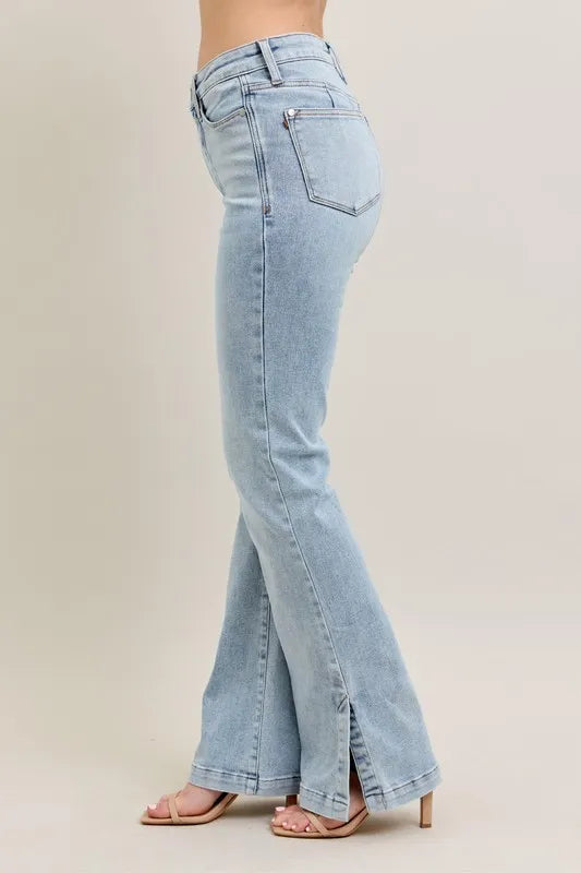 Judy Blue Full Size Tummy Control Vintage Wash Side Slit Slim Boot Jeans Plus Size - Fashorio