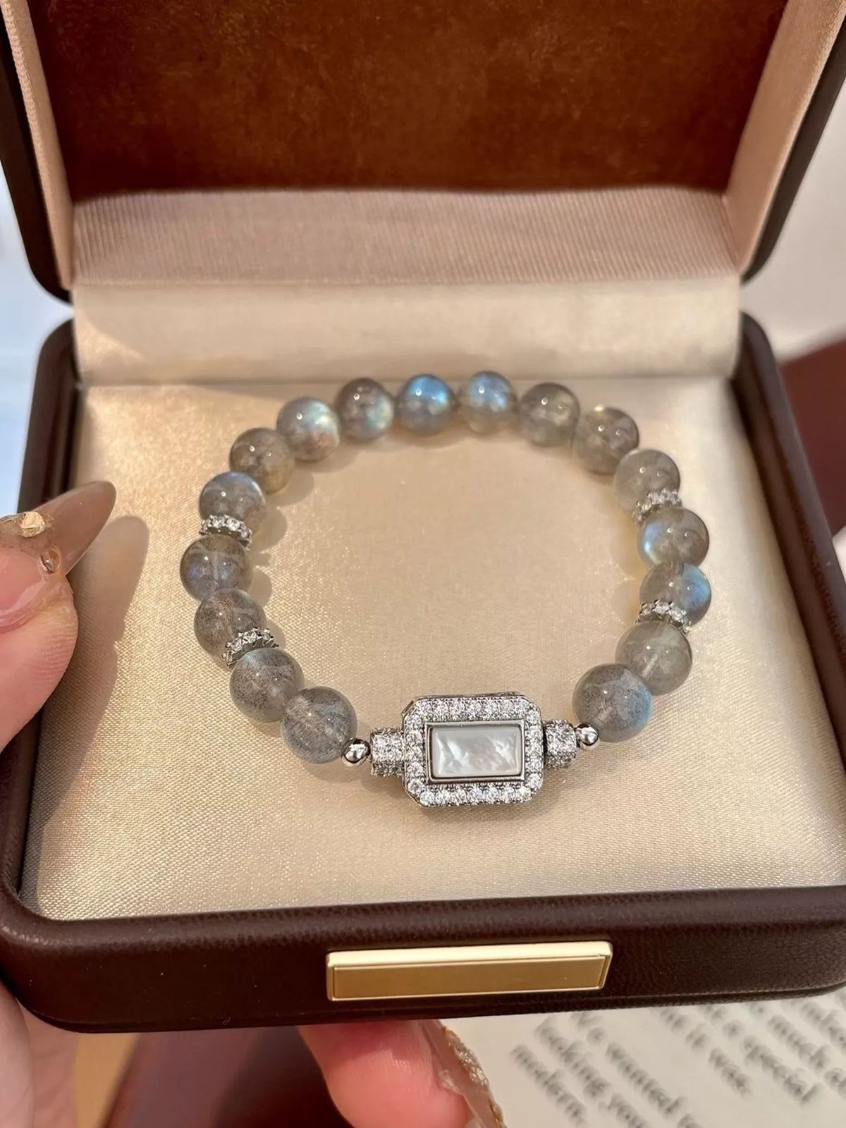 Geometric moonstone beaded bracelet side detail