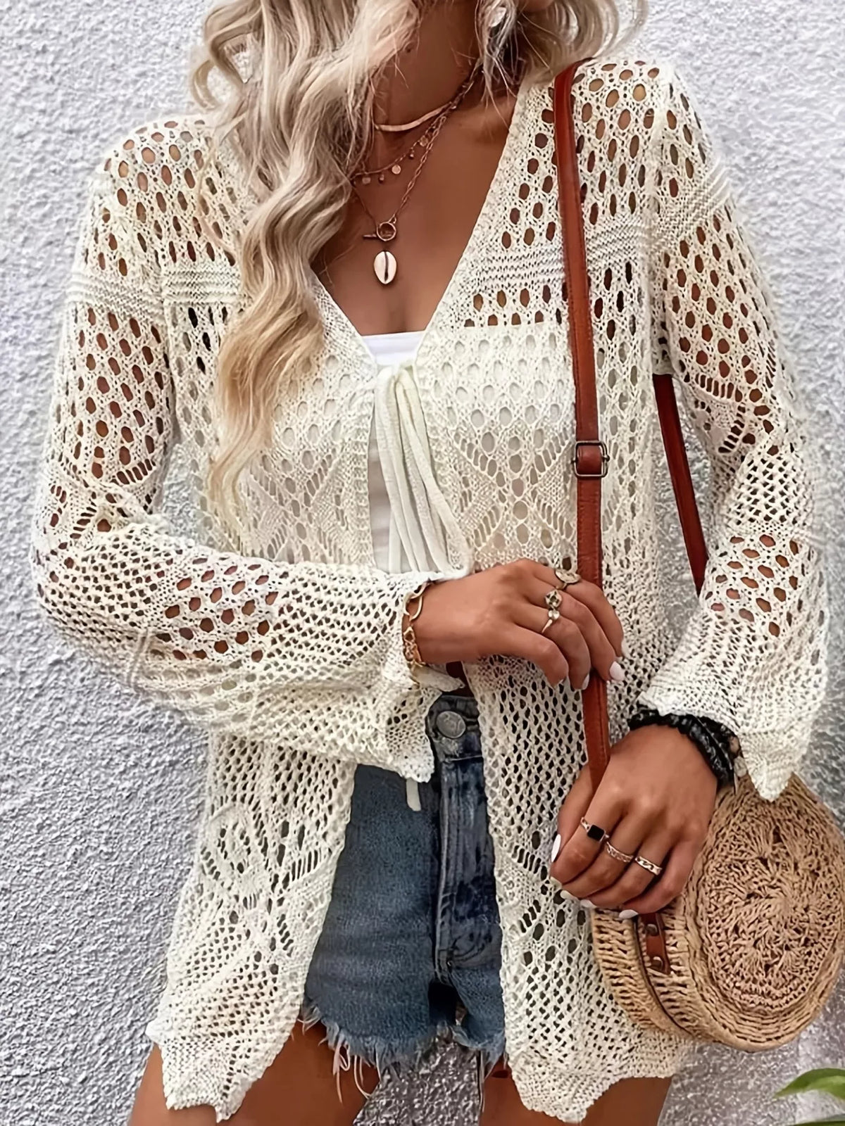 Longline crochet cardigan side view