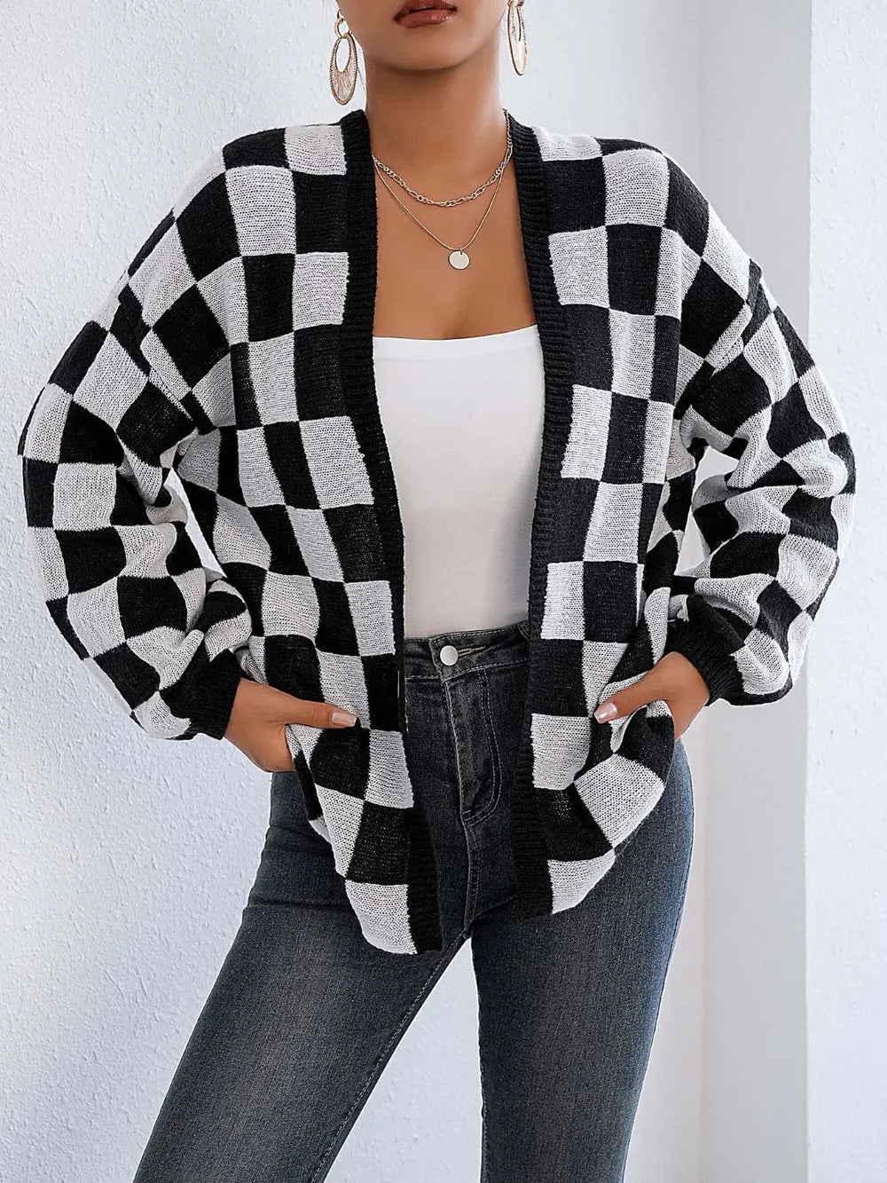 Checkered Open Front Long Sleeve Cardigan - Fashorio