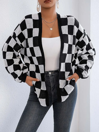 Checkered Open Front Long Sleeve Cardigan - Fashorio