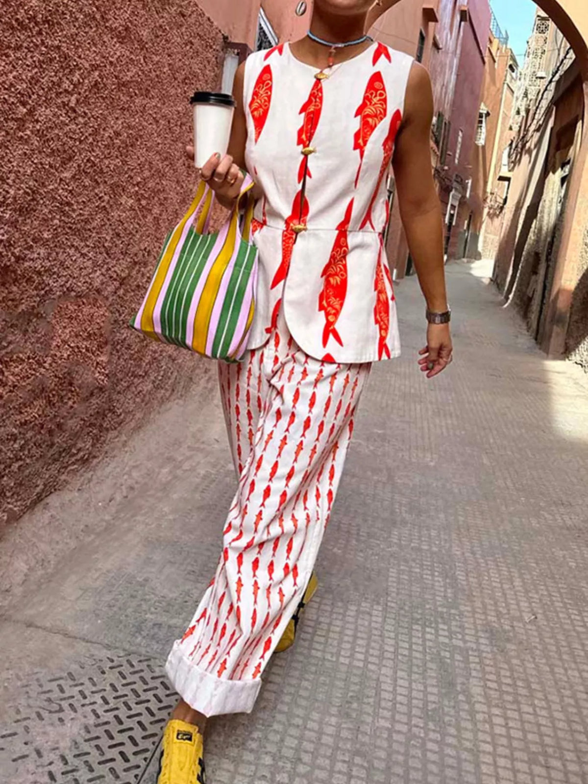 Fish Print Sleeveless Top and Pants Set, view 11