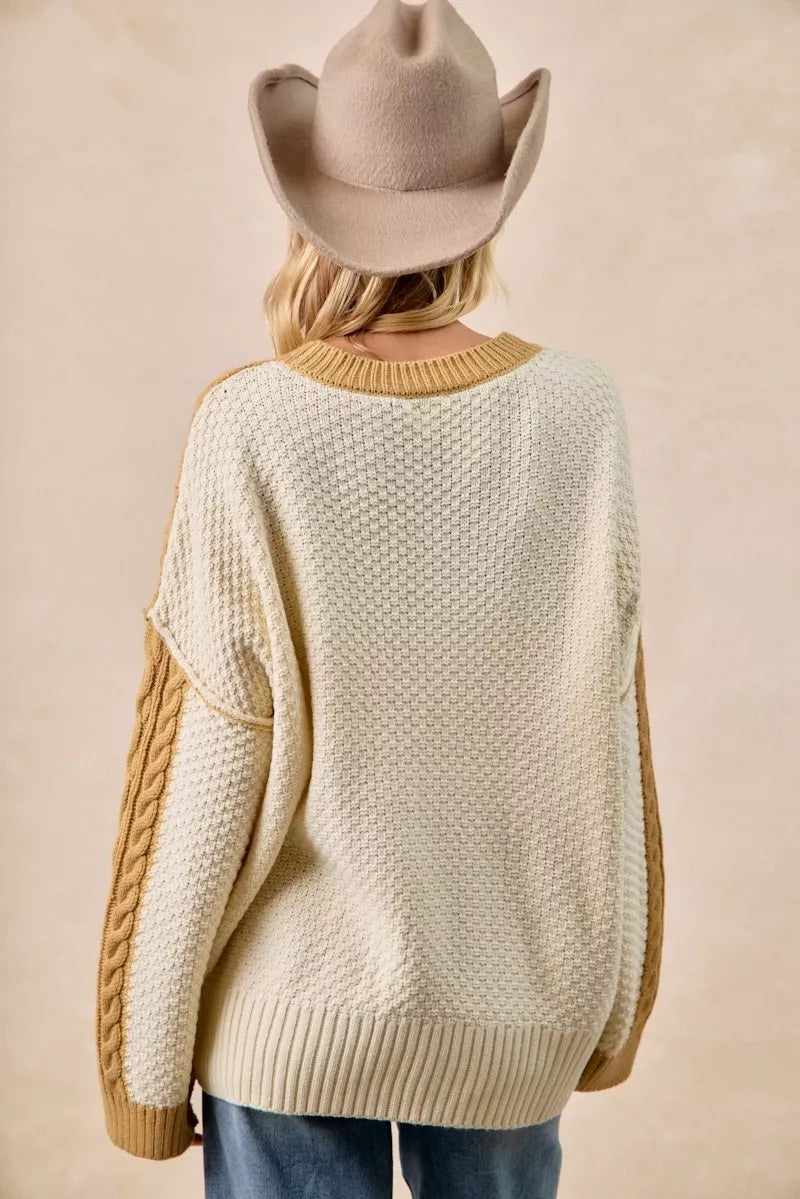 Cable Knit Uneven Hem Sweater in Mustard and Ivory view 9