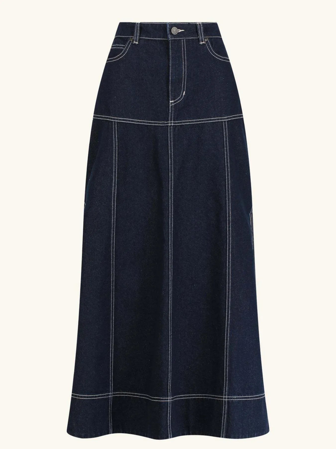 High-Waist Side Slit Contrast Stitch Denim Maxi Skirt - Fashorio