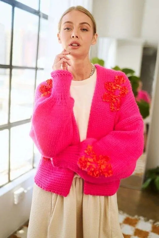 Davi & Dani Floral Applique Open Front Drop Shoulder Cardigan Hot Pink - Fashorio