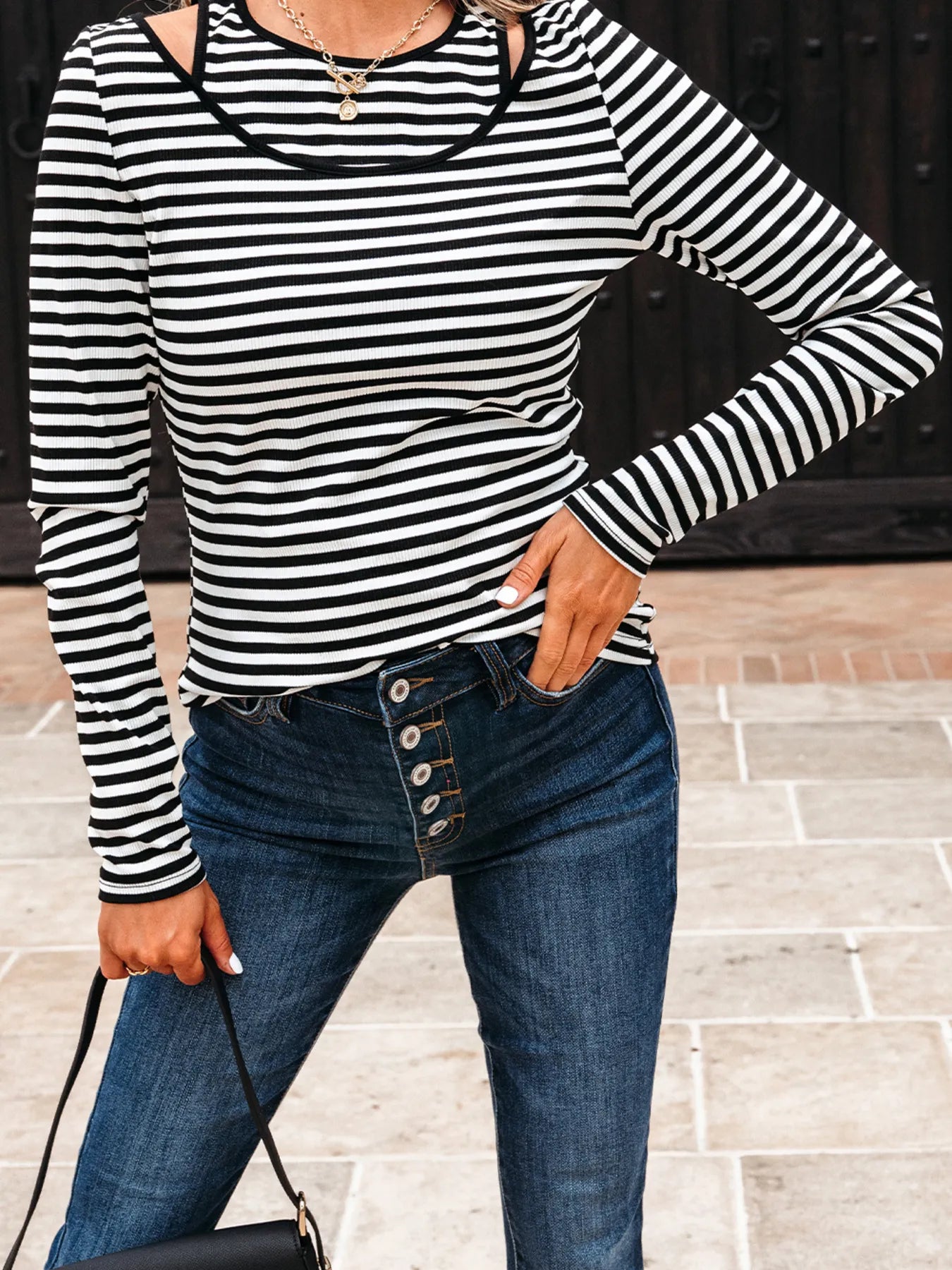 Stripe Double-layer Cold Shoulder Long Sleeve Top - Fashorio