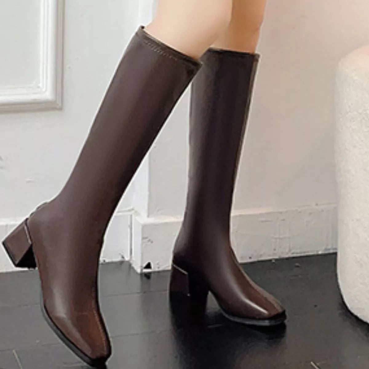 Square toe block heel boots, studio flat lay