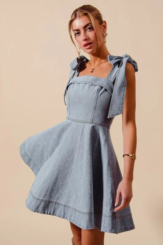 SO ME A Line Fit and Flare Diamond Bow Ribbon Denim Dres - Fashorio