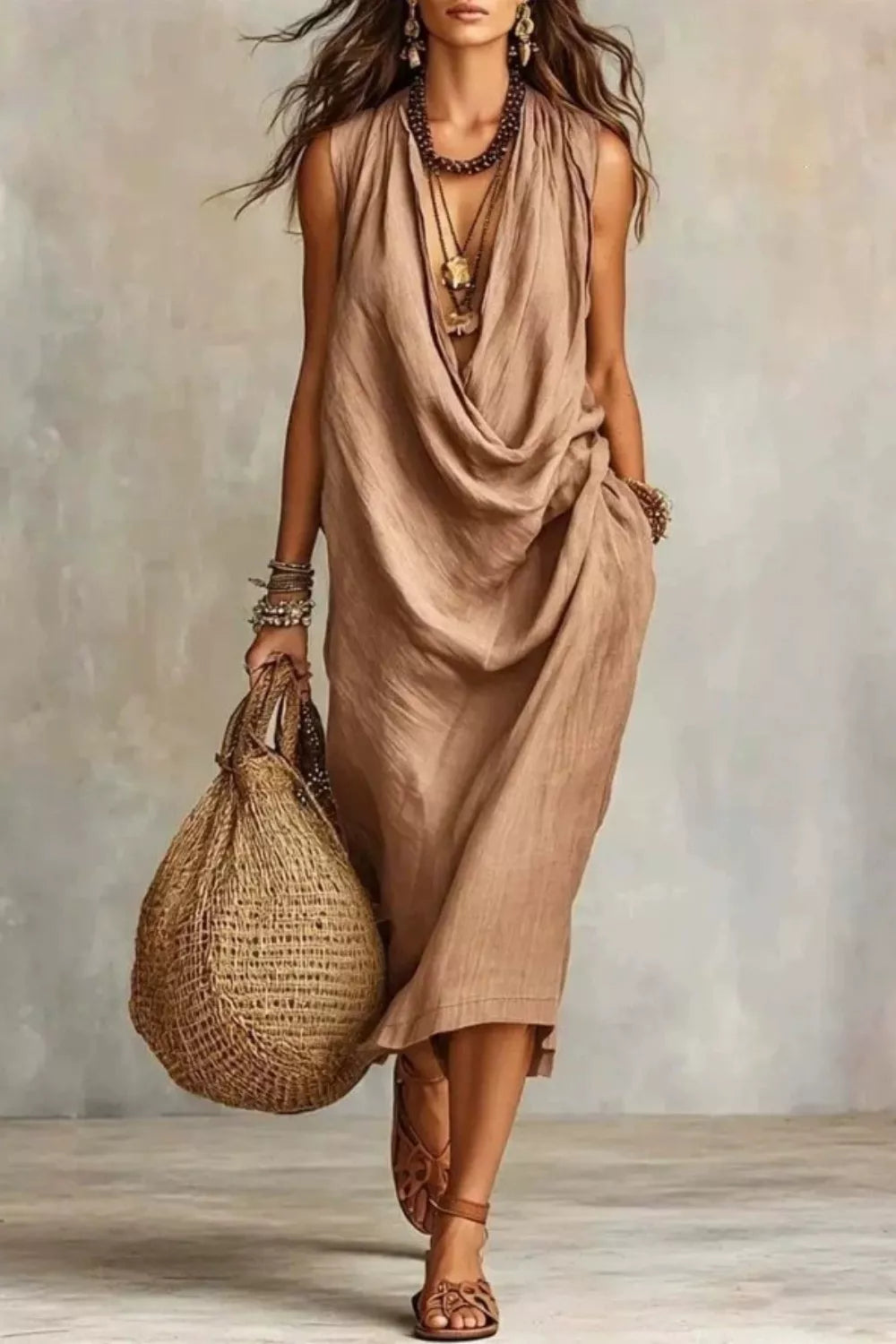 Sleeveless drape cowl neck midi dress detail view