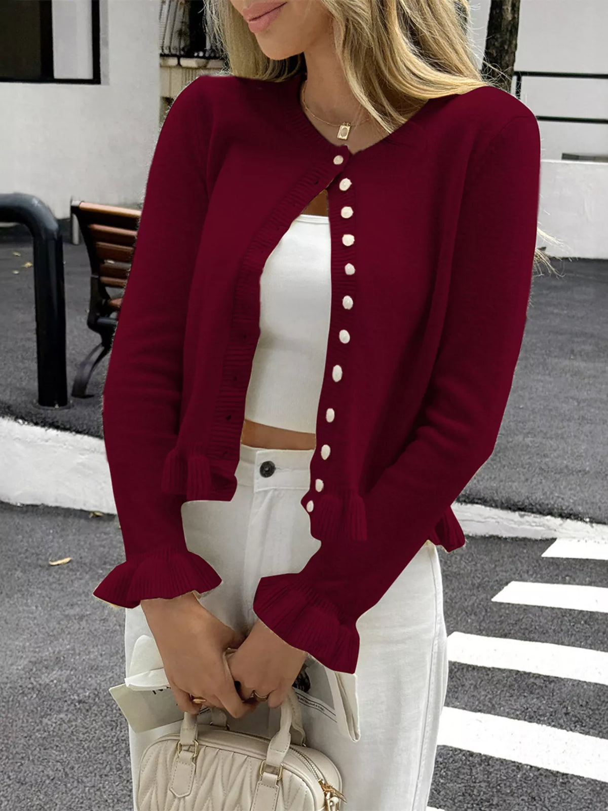 Ruffled Trim Button Up Knit Cardigan, view 8
