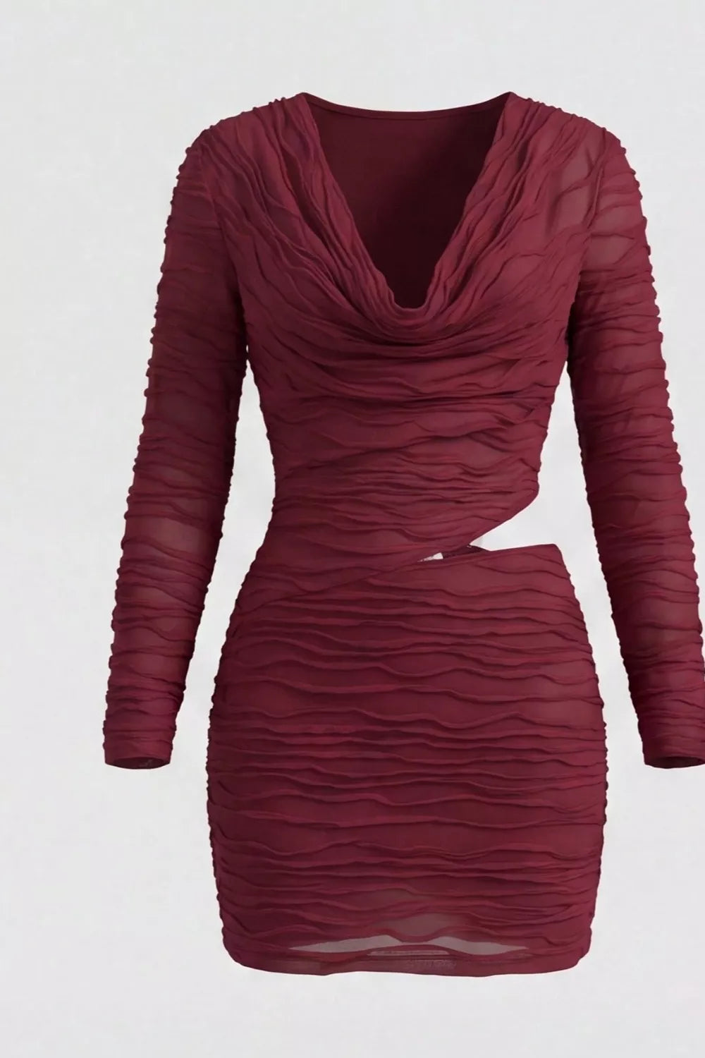 burgundy ruched cutout cowl neck long sleeve mini dress back view