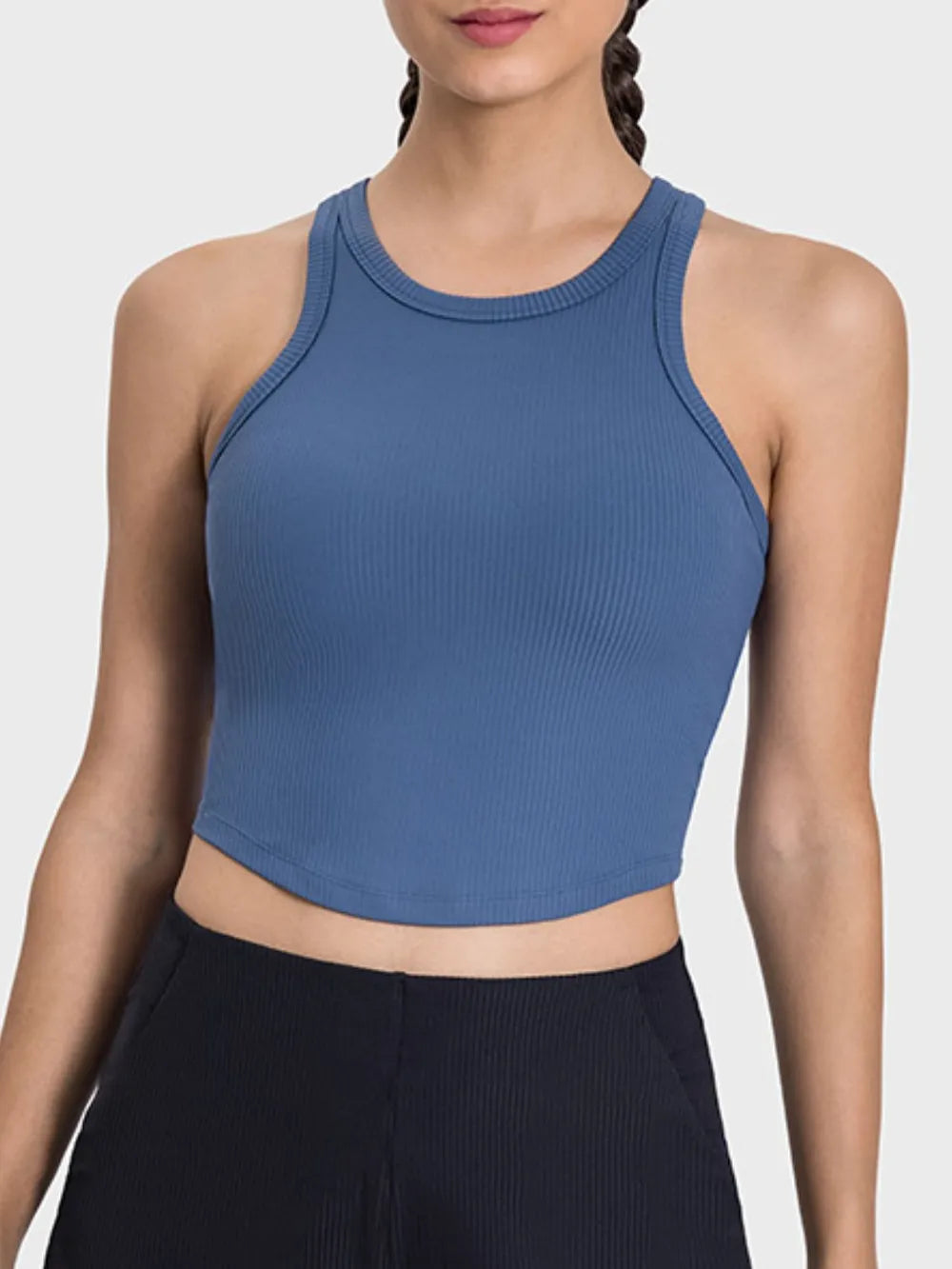 Round neck racerback active tank side view