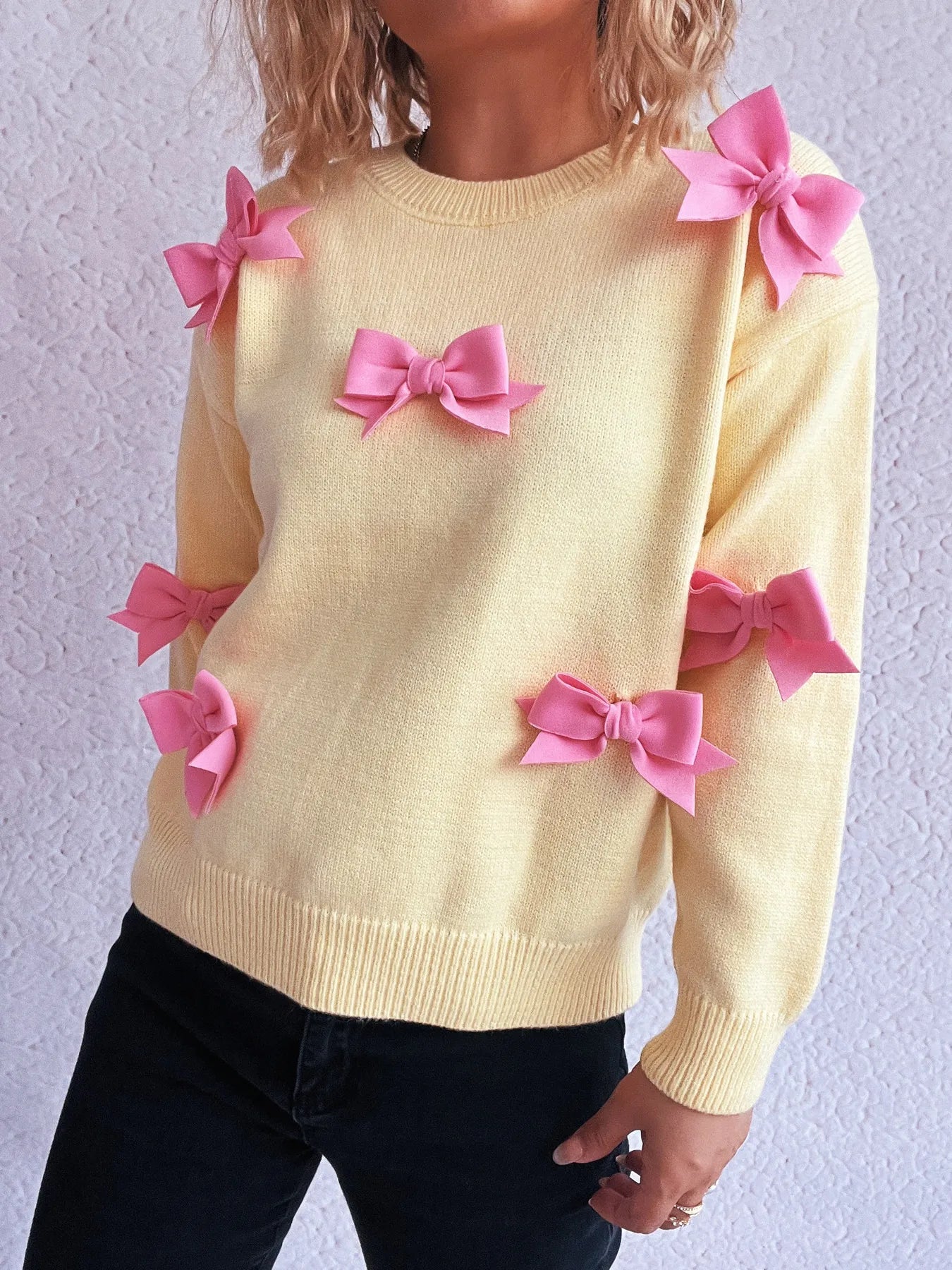 Bow Round Neck Long Sleeve Sweater Yellow One Size - Fashorio