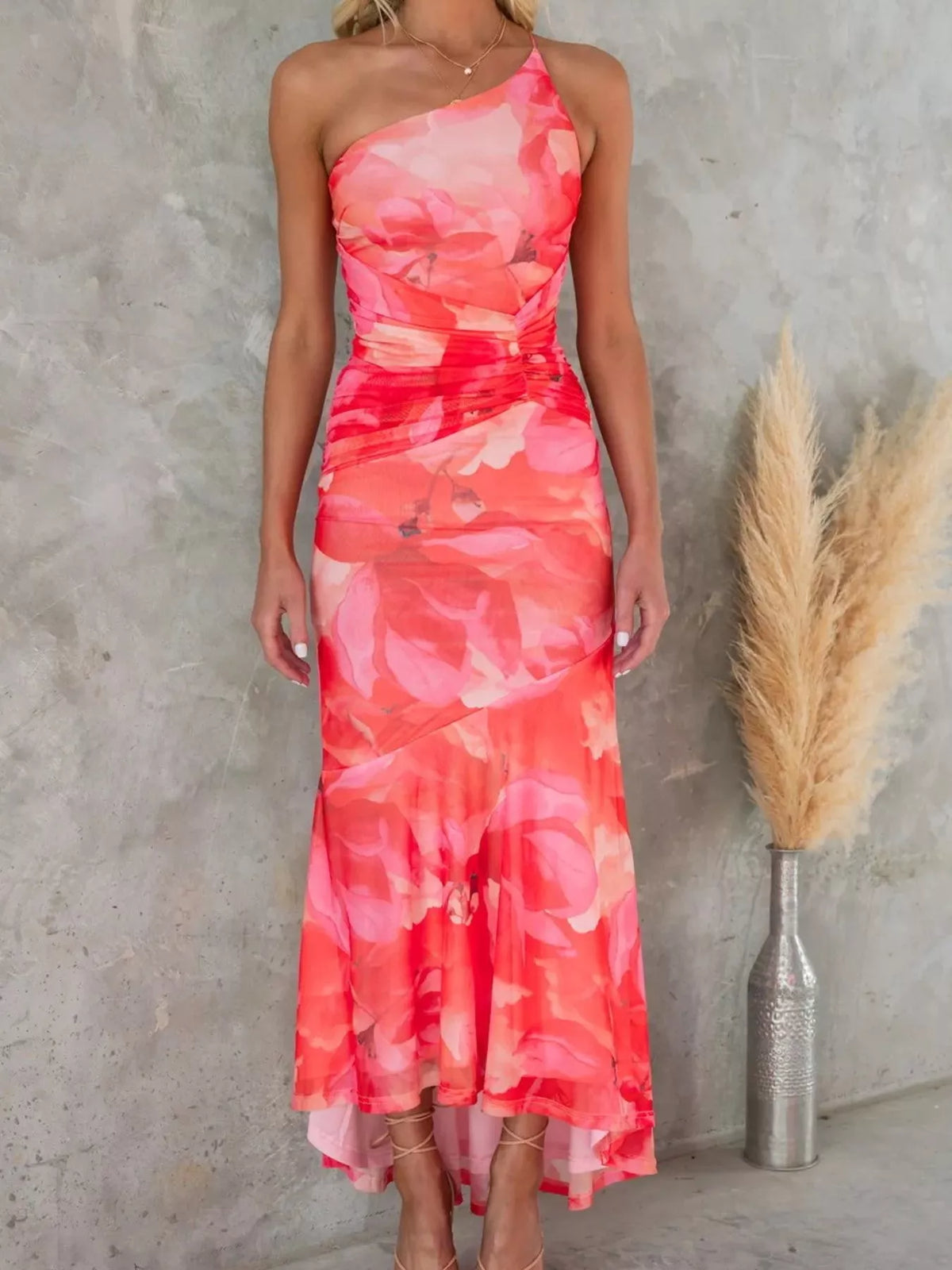 floral one shoulder ruched maxi dress fabric detail