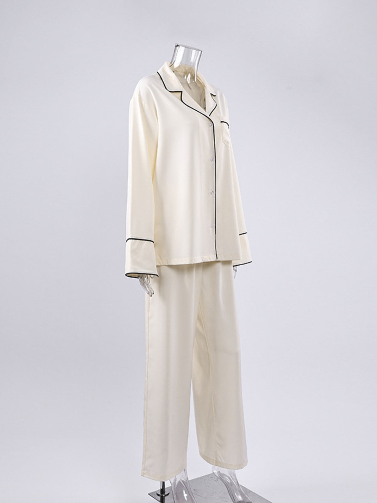 Matching beige button up top and pants lounge set back view