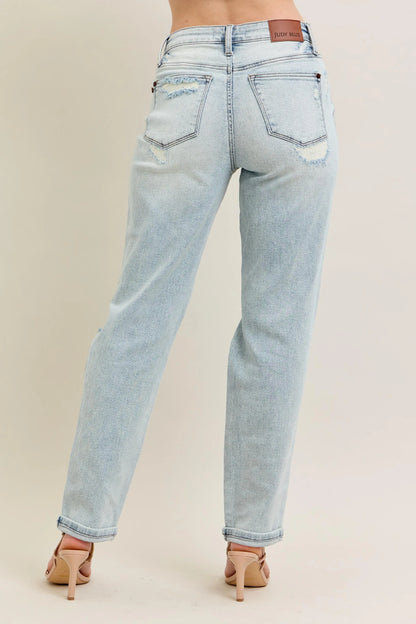 Judy Blue Full Size Mr Repair Stitch Detail Destroy Single Cuff Bf Jeans Plus Size - Fashorio