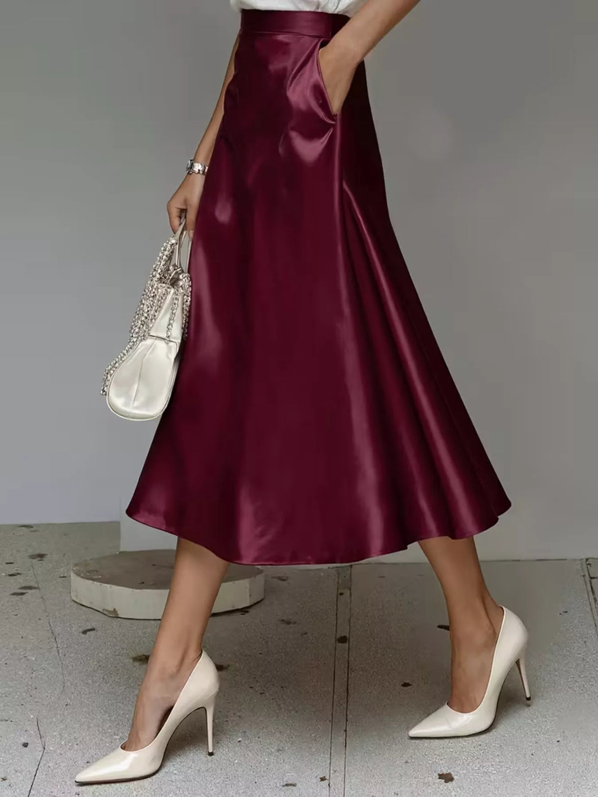 Satin midi skirt back view