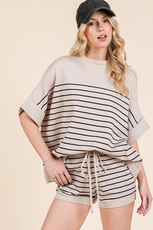 Lime 'N' Chili Striped Folded Half Sleeve Top and Shorts Set - Fashorio
