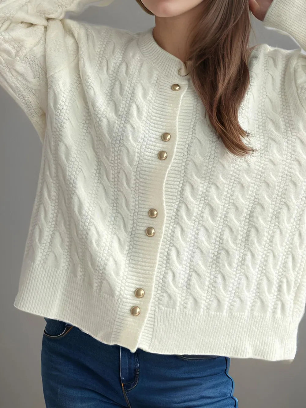 Cable-Knit Round Neck Long Sleeve Cardigan - Fashorio