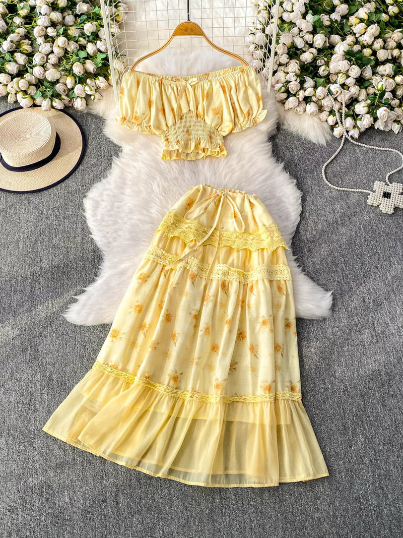 Smocked floral top and skirt two piece set front view