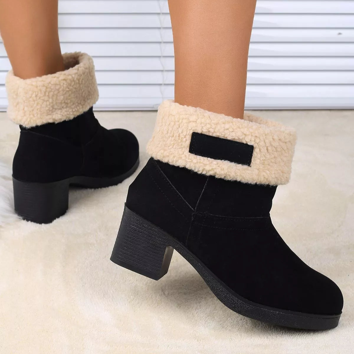 Plush Cuff Block Heel Boots angled three quarter view