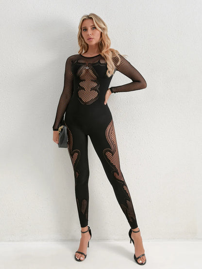 Fishing Net Sheer Long Sleeve Jumpsuit - Fashorio