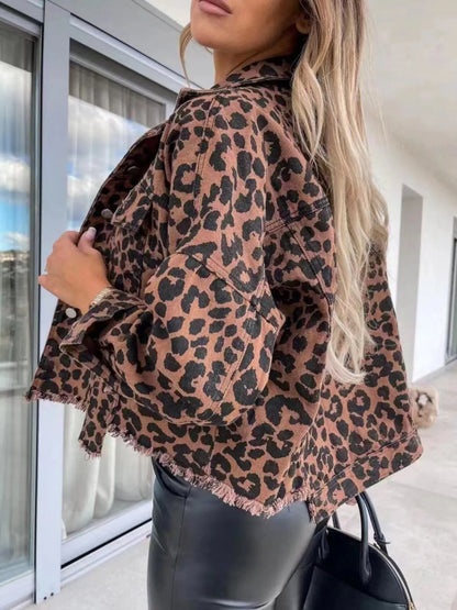 Leopard Print Raw Hem Denim Jacket - Fashorio