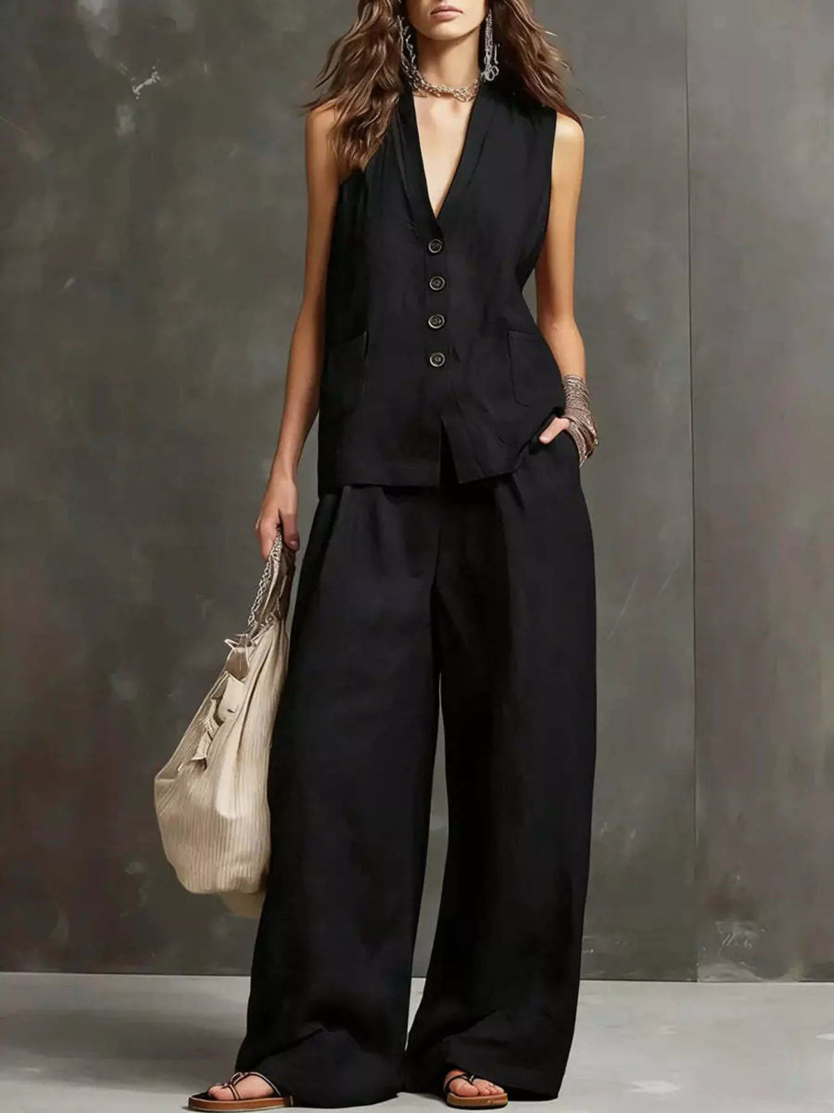 Full length view of the wide leg pants drape