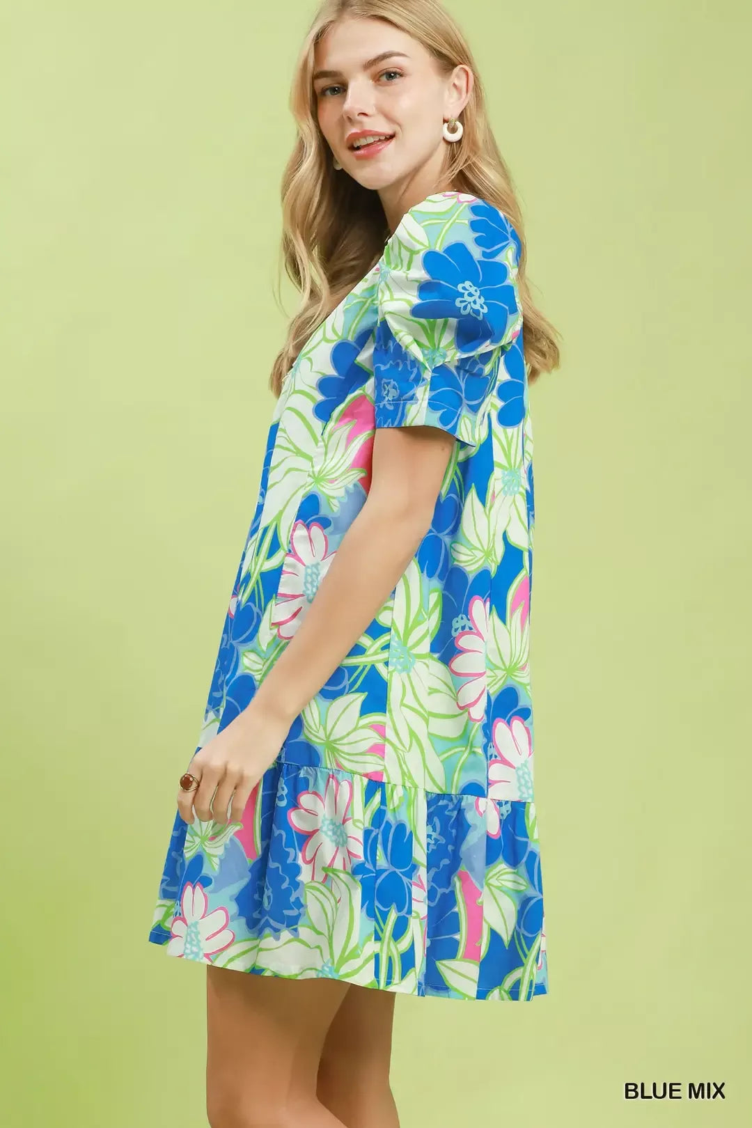Umgee floral puff sleeve tiered mini dress in blue back view