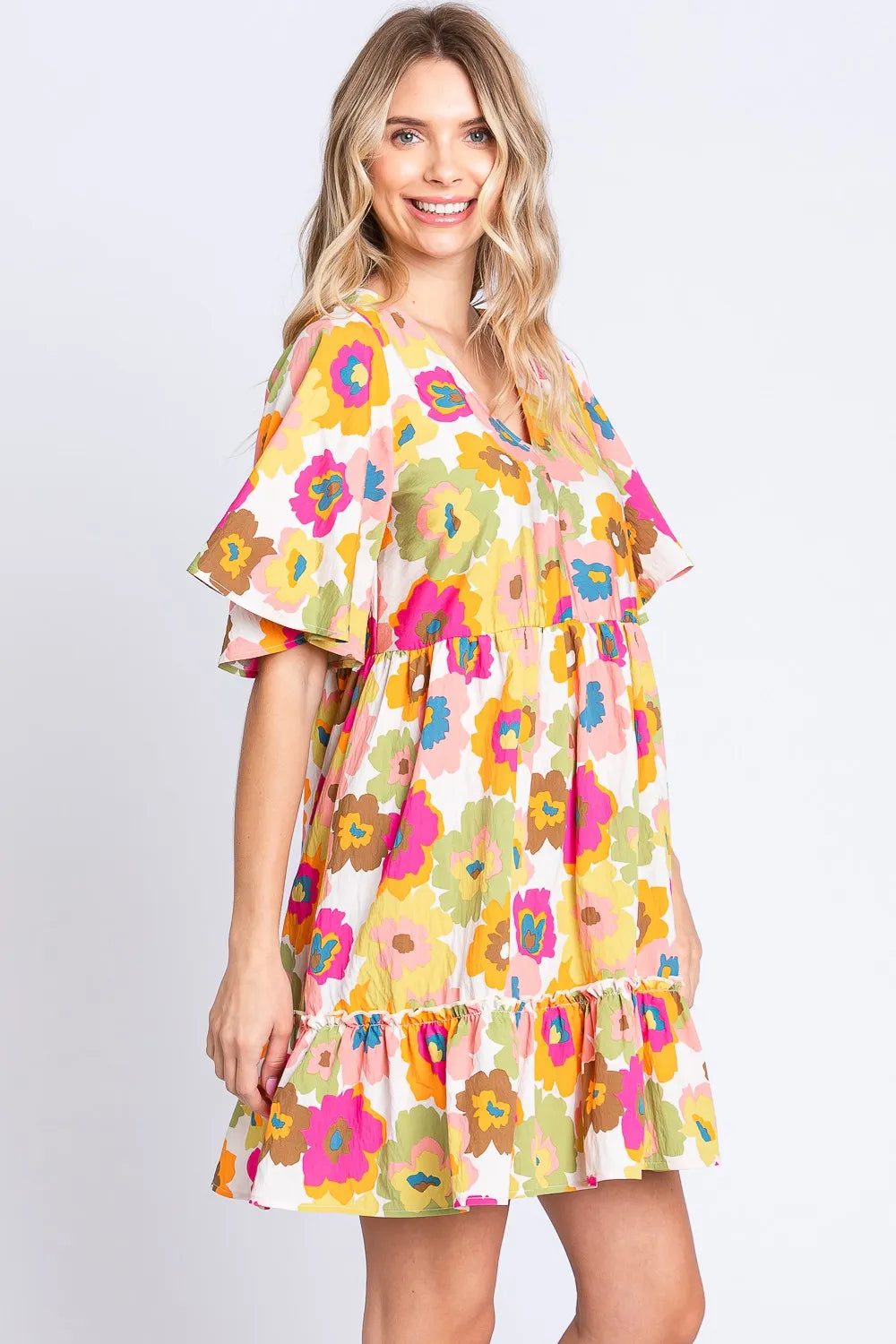 Floral V Neck Ruffle Hem Mini Dress side view