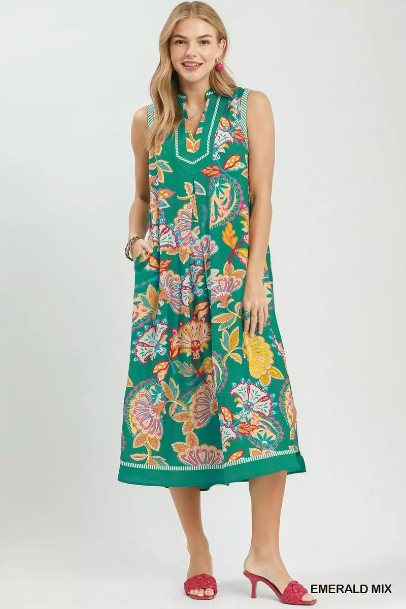 Umgee emerald paisley floral sleeveless midi dress front view