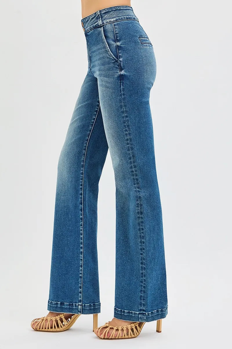 Close up of double button waistband on RISEN jeans