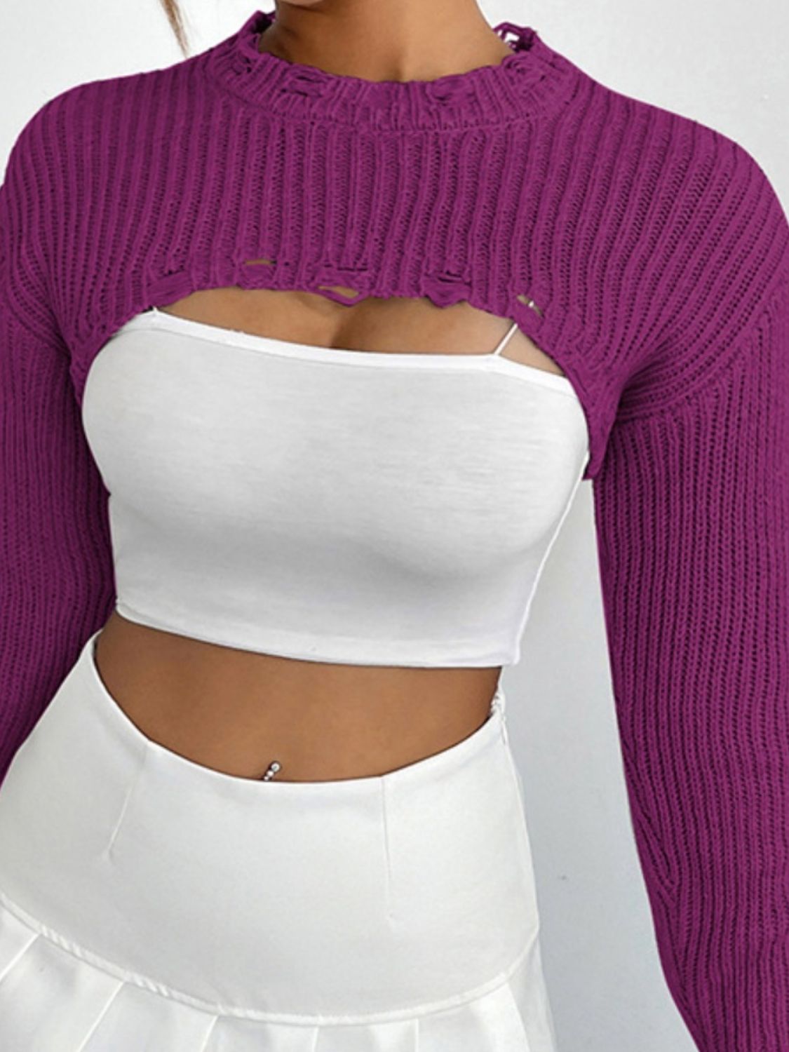 Distressed Long Sleeve Cropped Sweater - Fashorio