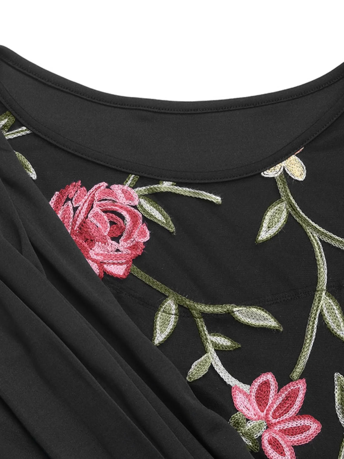 Black floral embroidered mesh sleeve ruched maxi dress styled view